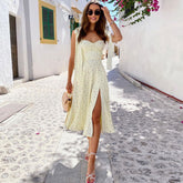 Adorable vestido veraniego midi con abertura alta y estampado de margaritas - Amarillo